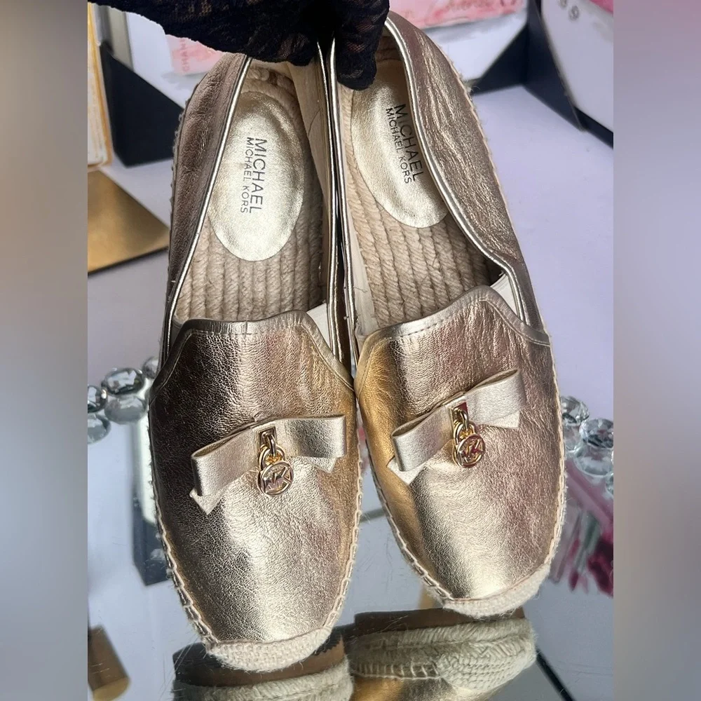 Michael Kors Women's LEATHER Hastings Slip On Espadrille Metallic Gold W8M V019k